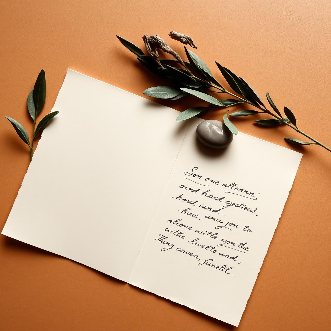 Open handwritten letter with olive leaves and a small stone.